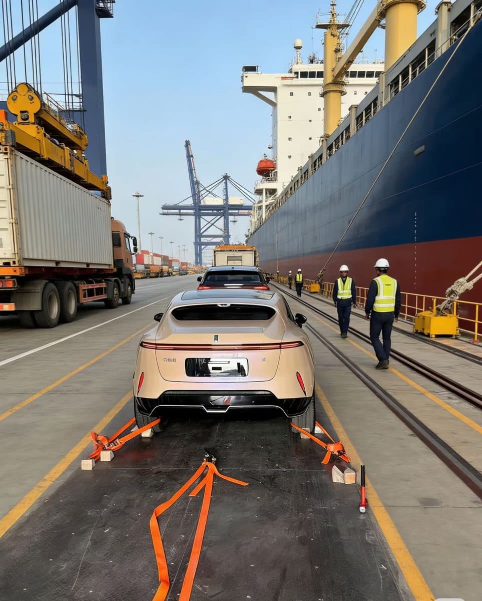 Vehicle lashed on the quayside before loading