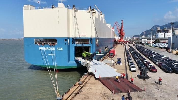 Ro-Ro vessel loading vehicles at the port